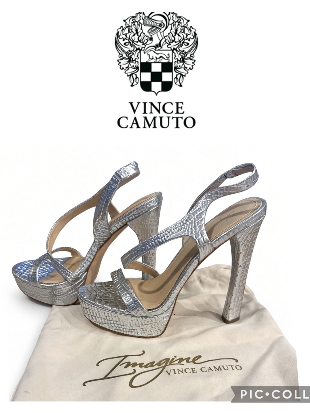 Vince Camuto Imagine Silver Croc-Embossed Platform Slingback Heels